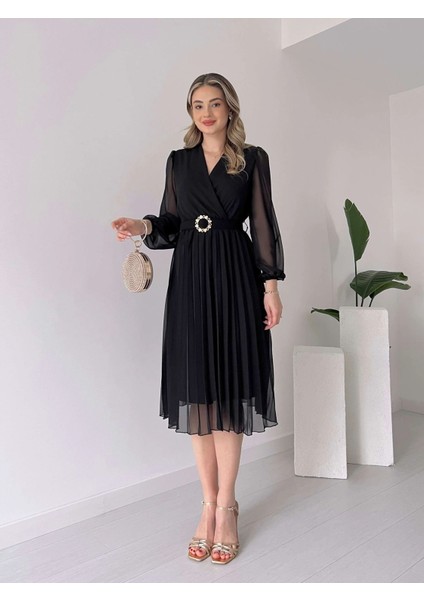 Munn Collection Kadın Şifon Kumaş Astalı Kloş Kesim Kruvaze Yaka Midi Boy Elbise