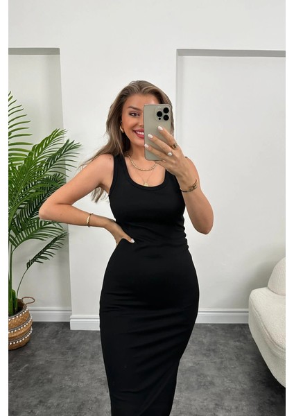 Munn Collection Kadın Çift Yırtmaç Detaylı Sıfır Kol Midi Boy Elbise fiyatları