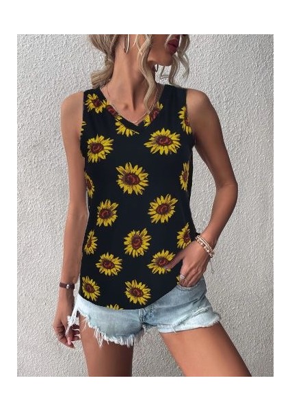 Munn Collection Kadın V Yaka Kolsuz Ayçiçeği Desen Krep Bluz