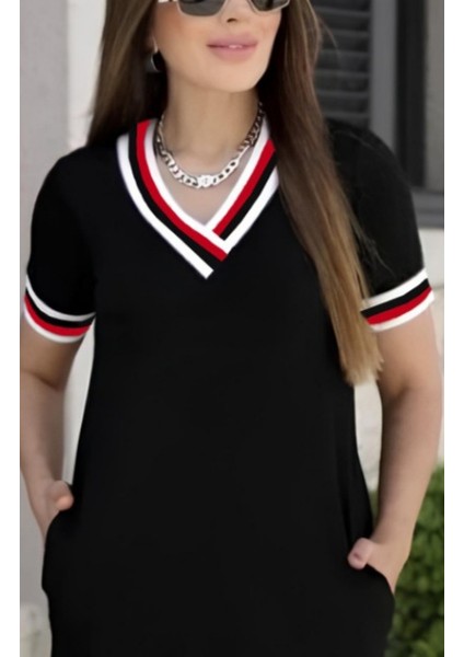 Munn Collection Kadın Kısa Kollu V Yaka ve Yaka Ribana Detay Midiboy Viskon Elbise fiyatları