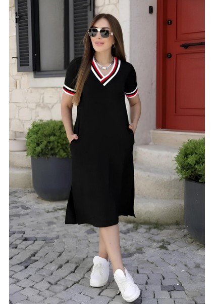 Munn Collection Kadın Kısa Kollu V Yaka ve Yaka Ribana Detay Midiboy Viskon Elbise modelleri