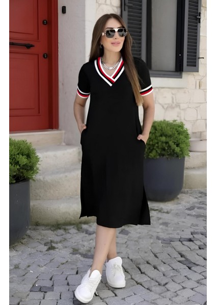 Munn Collection Kadın Kısa Kollu V Yaka ve Yaka Ribana Detay Midiboy Viskon Elbise indirimleri