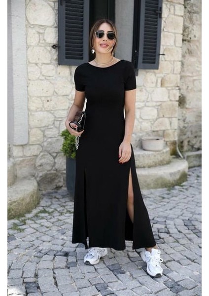 Munn Collection Kadın Kısa Kollu Sırt Dekolte Detay Önü Çift Yırtmaçlı Viskon Elbise modelleri