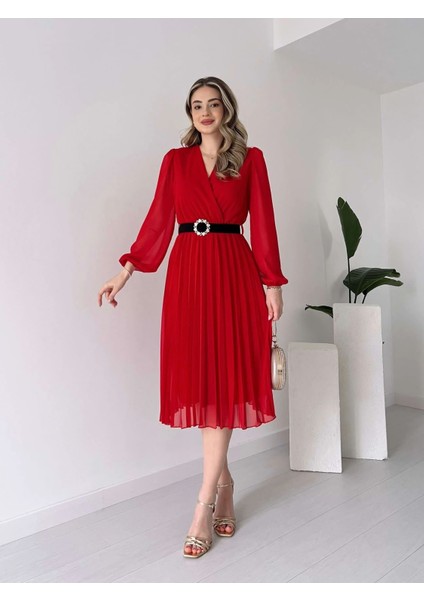 Munn Collection Kadın Şifon Kumaş Astalı Kloş Kesim Kruvaze Yaka Midi Boy Elbise modelleri