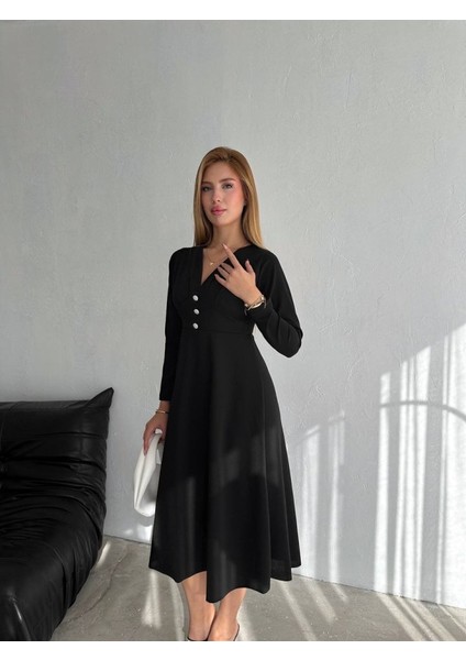 Munn Collection Kadın Krep Kumaş Düğme Detaylı V Yaka Uzun Kollu Midi Boy Elbise modelleri