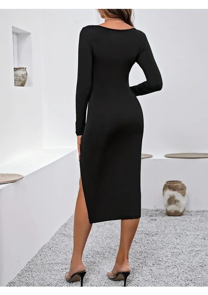 Munn Collection Kadın Uzun Kollu Göğüs ve Göbek Dekolte Detay Sandy Midi Boy Elbise modelleri