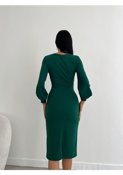 Munn Collection Kadın Kruvaze Yaka Balon Kol Midi Boy Elbise modelleri