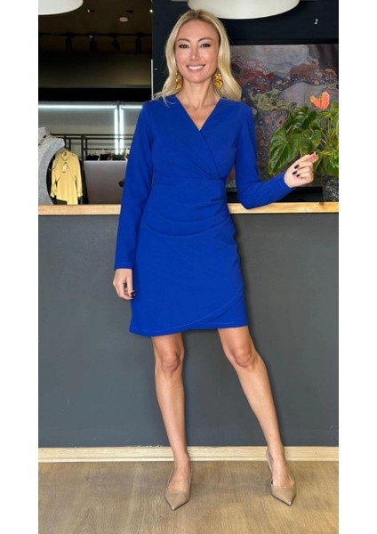 Munn Collection Kadın Uzun Kollu V Yaka Kruvaze Mini Elbise fırsatları