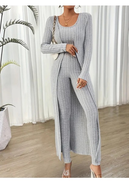 Munn Collection Kadın Yuvarlak Yaka Askılı Krop Bluz Yüksek Bel Tayt ve Uzun Hırka Şardonlu Kaşkorse Üçlü Takım fiyatları