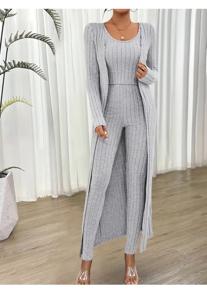 Munn Collection Kadın Yuvarlak Yaka Askılı Krop Bluz Yüksek Bel Tayt ve Uzun Hırka Şardonlu Kaşkorse Üçlü Takım modelleri