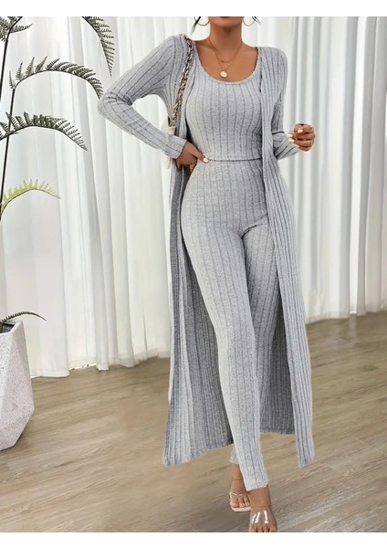 Munn Collection Kadın Yuvarlak Yaka Askılı Krop Bluz Yüksek Bel Tayt ve Uzun Hırka Şardonlu Kaşkorse Üçlü Takım indirimleri