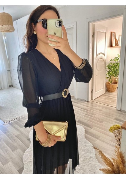 Munn Collection Kadın Şifon Kumaş Astalı Kloş Kesim Kruvaze Yaka Midi Boy Elbise modelleri