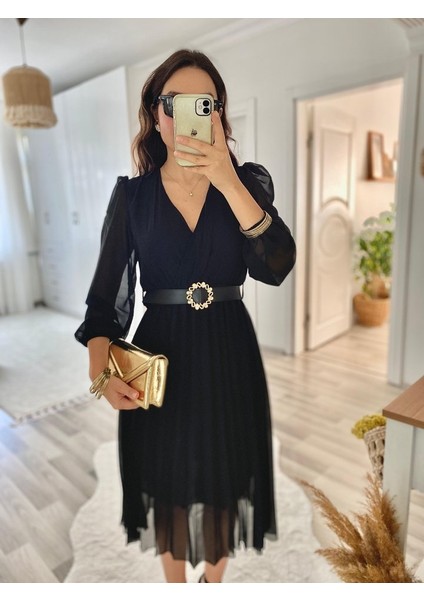 Munn Collection Kadın Şifon Kumaş Astalı Kloş Kesim Kruvaze Yaka Midi Boy Elbise indirimleri