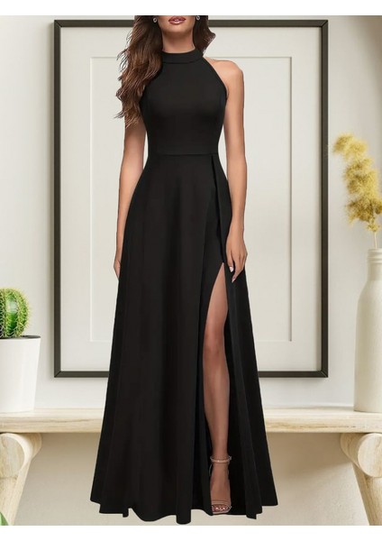 Munn Collection Kadın Halter Yaka Derin Yırtmaç Detaylı Tam Boy Ithal Krep Abiye Elbise