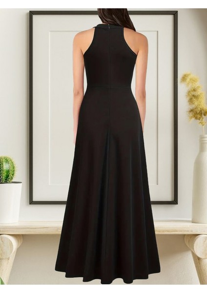 Munn Collection Kadın Halter Yaka Derin Yırtmaç Detaylı Tam Boy Ithal Krep Abiye Elbise