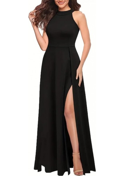 Munn Collection Kadın Halter Yaka Derin Yırtmaç Detaylı Tam Boy Ithal Krep Abiye Elbise