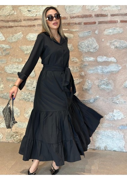 Munn Collection Kadın Uzun Kollu Eteği Fırfırlı Beli Kuşaklı Trikoton Tam Boy Gömlek Elbise modelleri