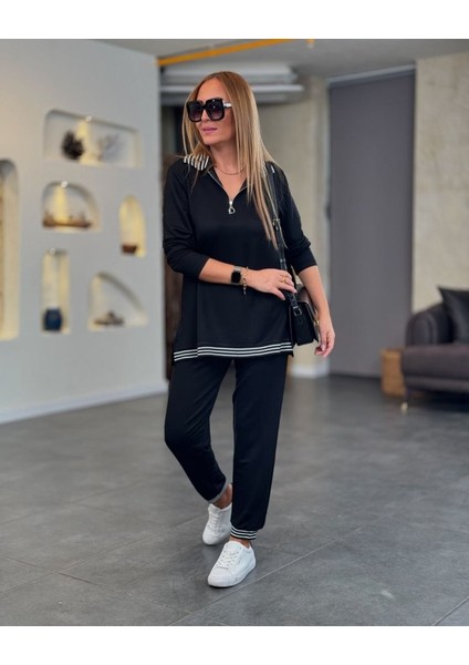 Munn Collection Kadın Uzun Kollu Ribana ve Fermuar Detay Bluz ve Yüksel Bel Pantolon 2li Takım modelleri