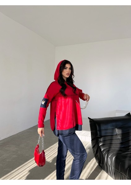 Munn Collection Kadın Kırmızı Kapşonlu Etek Ucu Detay Arma Ters Dikiş Gorunumlu Ikili Takım fırsatları