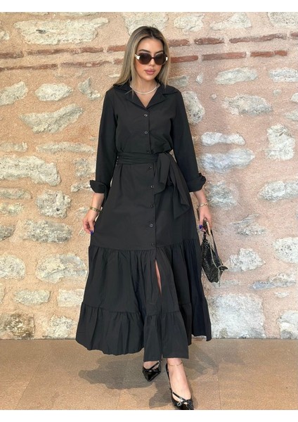 Munn Collection Kadın Uzun Kollu Eteği Fırfırlı Beli Kuşaklı Trikoton Tam Boy Gömlek Elbise indirimleri