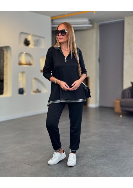 Munn Collection Kadın Uzun Kollu Ribana ve Fermuar Detay Bluz ve Yüksel Bel Pantolon 2li Takım