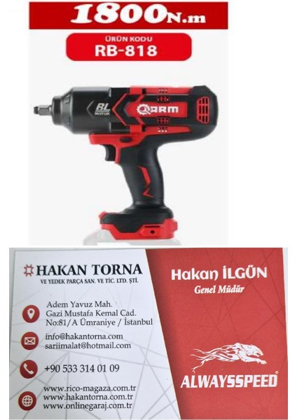-Arm- 1/2 Şarjlı Darbeli Bijon Lastik Sökme Sıkma Tabancası (Aküsüz) 1800 N.m