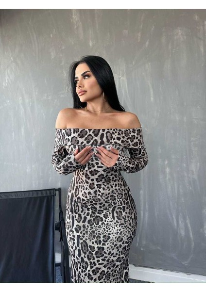 Munn Collection Kadın Madonna Yaka Dalgıç Kumaş Leopar Desen Maxi Boy Derin Yırtmaçlı Elbise