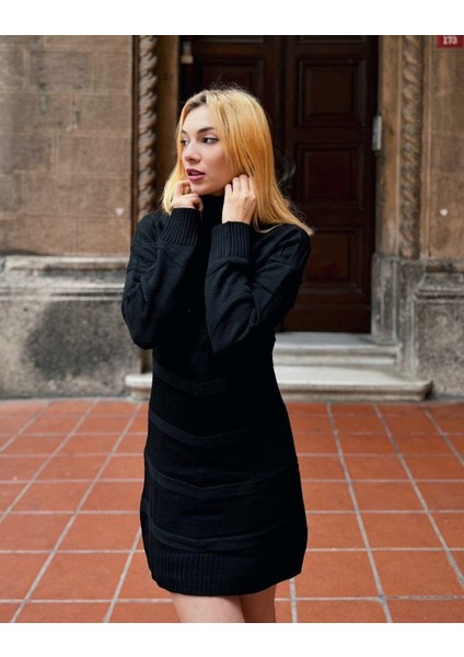 Munn Collection Kadın Uzun Kollu Balıkçı Yaka Triko Mini Boy Elbise modelleri