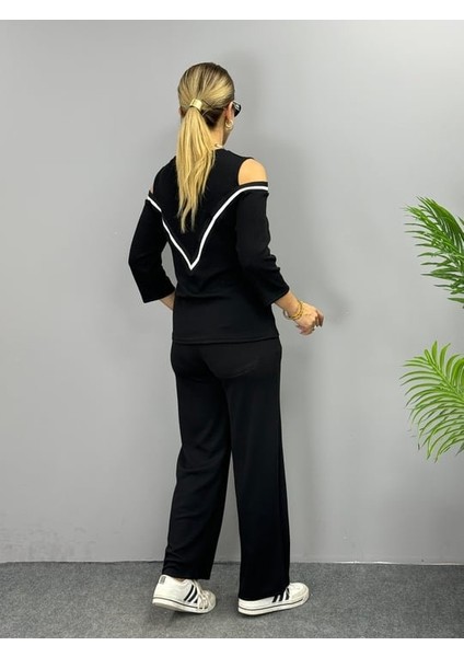 Munn Collection Kadın Ithal Burgu Kumaş Uzun Kollu Omuz Dekolteli Bluz ve Pantolon Ikili Takım fırsatları