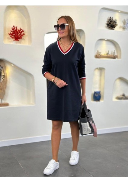 Munn Collection Kadın Uzun Kollu V Yaka Kol Ağzı ve Yaka Ribana Detaylı Iki Iplik Mini Boy Elbise modelleri