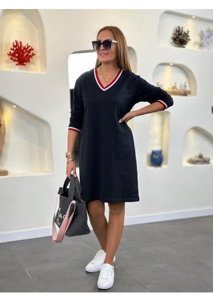 Munn Collection Kadın Uzun Kollu V Yaka Kol Ağzı ve Yaka Ribana Detaylı Iki Iplik Mini Boy Elbise fırsatları