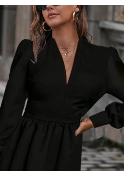 Munn Collection Kadın Uzun Kollu V Yaka Belden Hafif Pileli Scuba Krep Mini Boy Elbise fiyatları