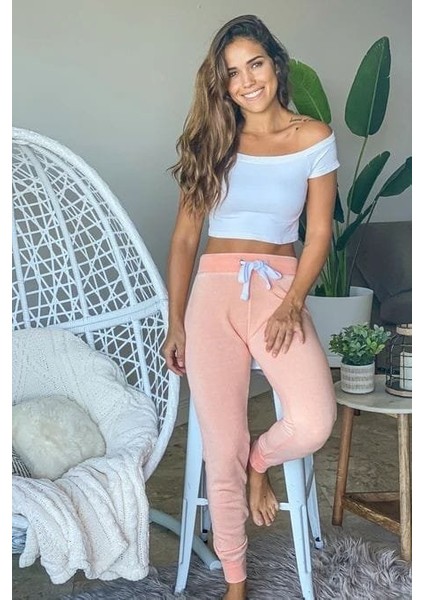 Munn Collection Kadın Kısa Kollu Madonna Yaka Viskon Crop Bluz Cepli Iki Iplik Eşofman Takım