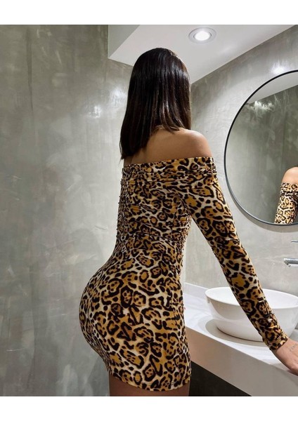 Munn Collection Kadın Madonna Mendil Yaka Leopar Desen Mini Elbise indirimleri