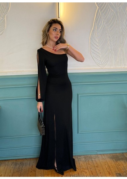 Munn Collection Tek Omuz Açık Derin Yırtmaçlı Krep Tam Boy Elbise