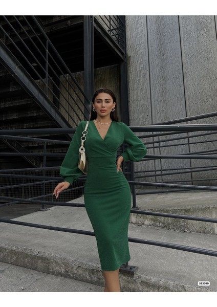 Munn Collection Kadın Kruvaze Yaka Balon Kol Simli Krep Kumaş Midi Boy Elbise modelleri