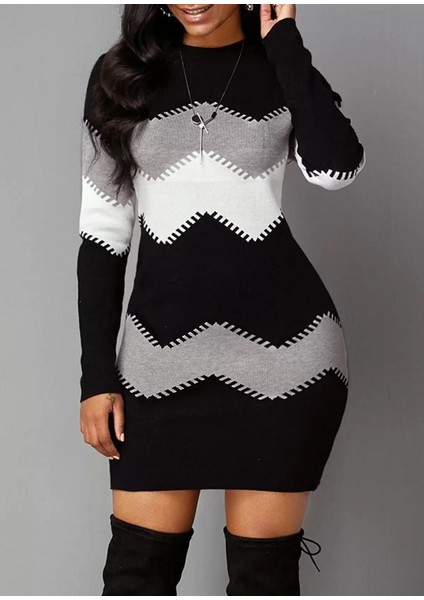 Munn Collection Kadın Uzun Kollu Zigzag Desen Triko Elbise