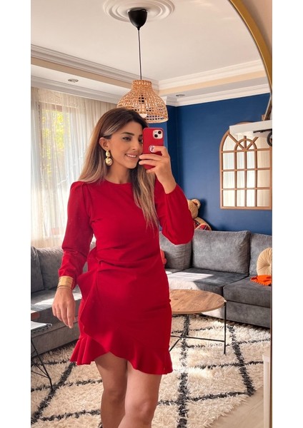 Munn Collection Kadın Uzun Kollu Bisiklet Yaka Önden Volanlı Ithal Krep Elbise modelleri