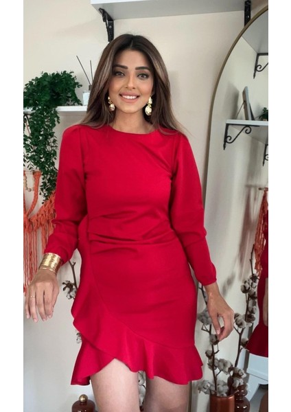 Munn Collection Kadın Uzun Kollu Bisiklet Yaka Önden Volanlı Ithal Krep Elbise fırsatları