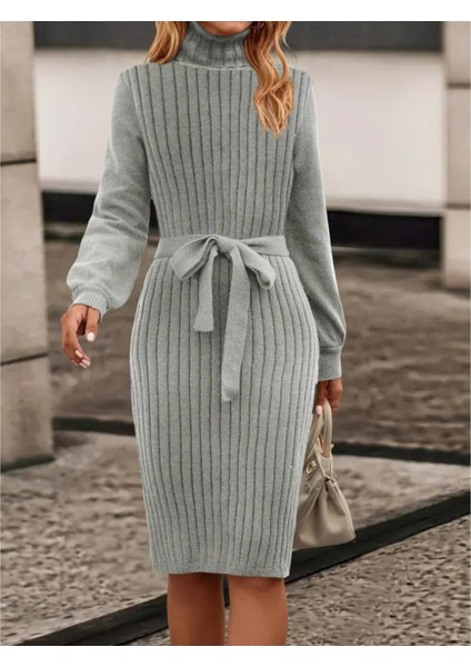 Munn Collection Kadın Uzun Kollu Balıkçı Yaka Beli Kuşaklı Mini Triko Elbise