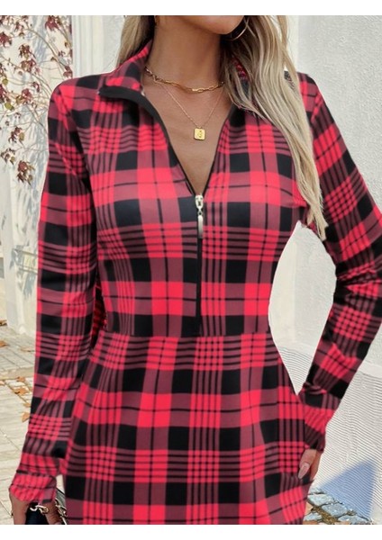 Munn Collection Kadın Uzun Kollu Fermuarlı Ekose Baskılı Dalgıç Elbise fiyatları