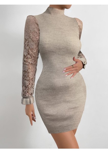 Munn Collection Kadın Uzun Kollu Kollar Tül Detay Triko Mini Boy Elbise