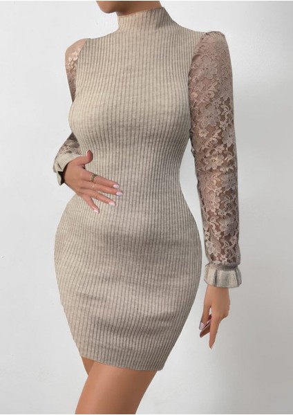 Munn Collection Kadın Uzun Kollu Kollar Tül Detay Triko Mini Boy Elbise fiyatları