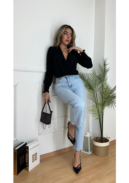 Munn Collection Kadın Uzun Kollu Dökümlü Kruvaze Yaka Kol Ucu Gipeli Sandy Bluz
