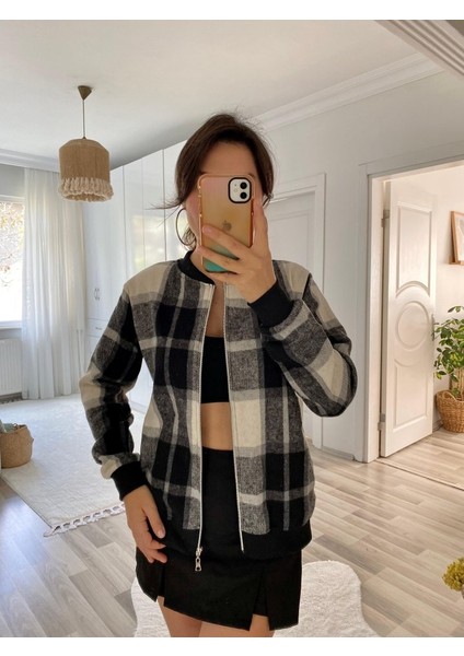 Munn Collection Kadın Uzun Kollu Önden Fermuarlı Ekose Desenli Ceket