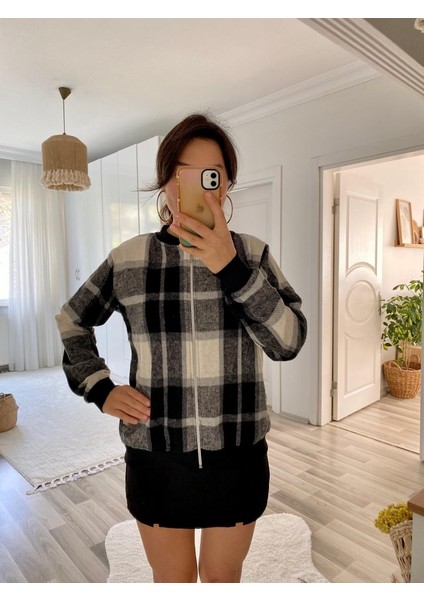 Munn Collection Kadın Uzun Kollu Önden Fermuarlı Ekose Desenli Ceket modelleri