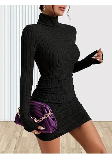 Munn Collection Kadın Uzun Kollu Balıkçı Yaka Kısa Şardonlu Kaşkorse Elbise modelleri
