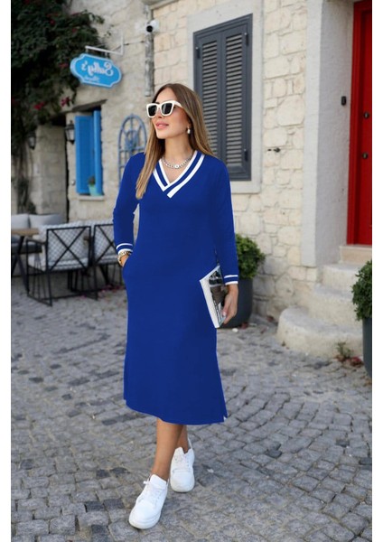 Munn Collection Kadın Uzun Kollu V Yakalı Yandan Yırtmaçlı Iki Iplik Midi Elbise fırsatları