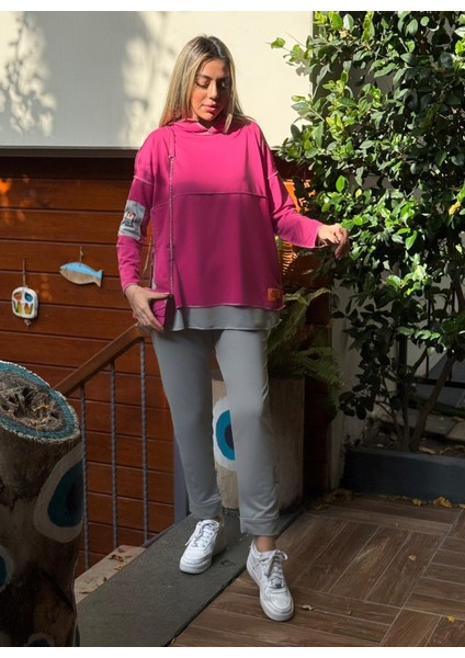 Munn Collection Kadın Pembe Kapşonlu Etek Ucu Detay Arma Ters Dikiş Gorunumlu Ikili Takım fırsatları