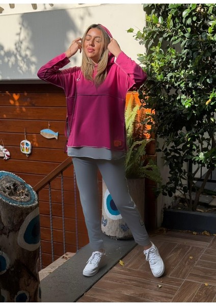 Munn Collection Kadın Pembe Kapşonlu Etek Ucu Detay Arma Ters Dikiş Gorunumlu Ikili Takım indirimleri